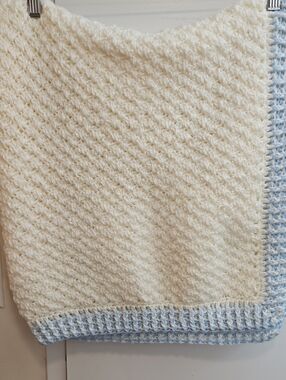 Cream And Blue Hand Knitted Crochet Baby Blanket